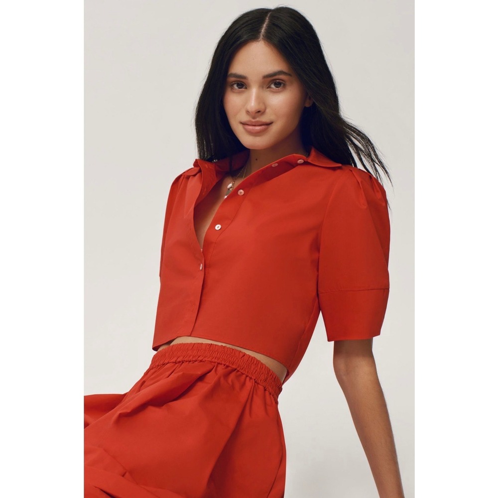 Maeve Anthropologie‎ Red Lantern Sleeve Cropped Blouse Button Down Shirt Small